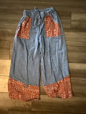 Bohemian Wide-Leg Patchwork Pants - Blue with Rust Accent